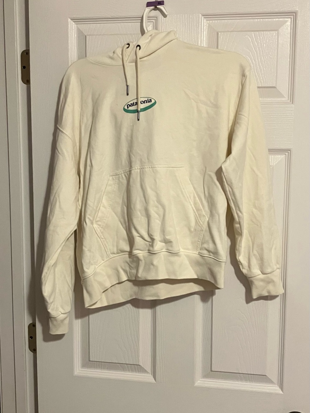 Mens Patagonia Big Oval Print Cotton Blend Cream Hoodie Sweatshirt Medium
